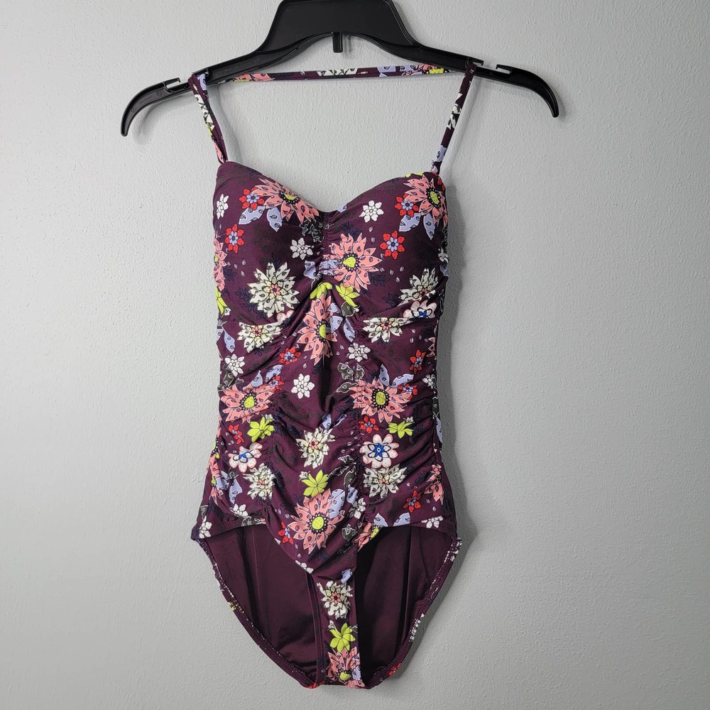 6 Anne Cole Swimsuit Floral Burgundy Modest One Piece BB